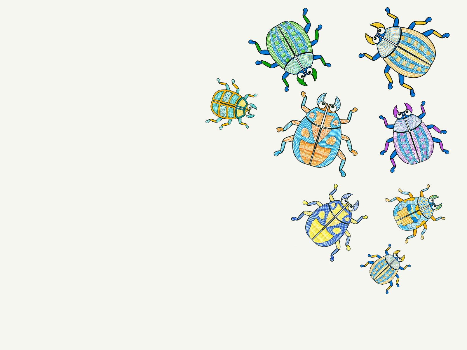 krabbelnde mit Buntstiften gemalte Käfertiere