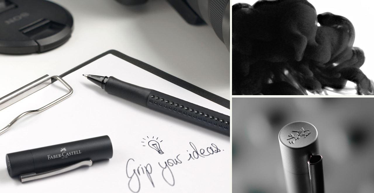 Black grip finewriter lying on piece of paper where "grip your ideas" is written in black.