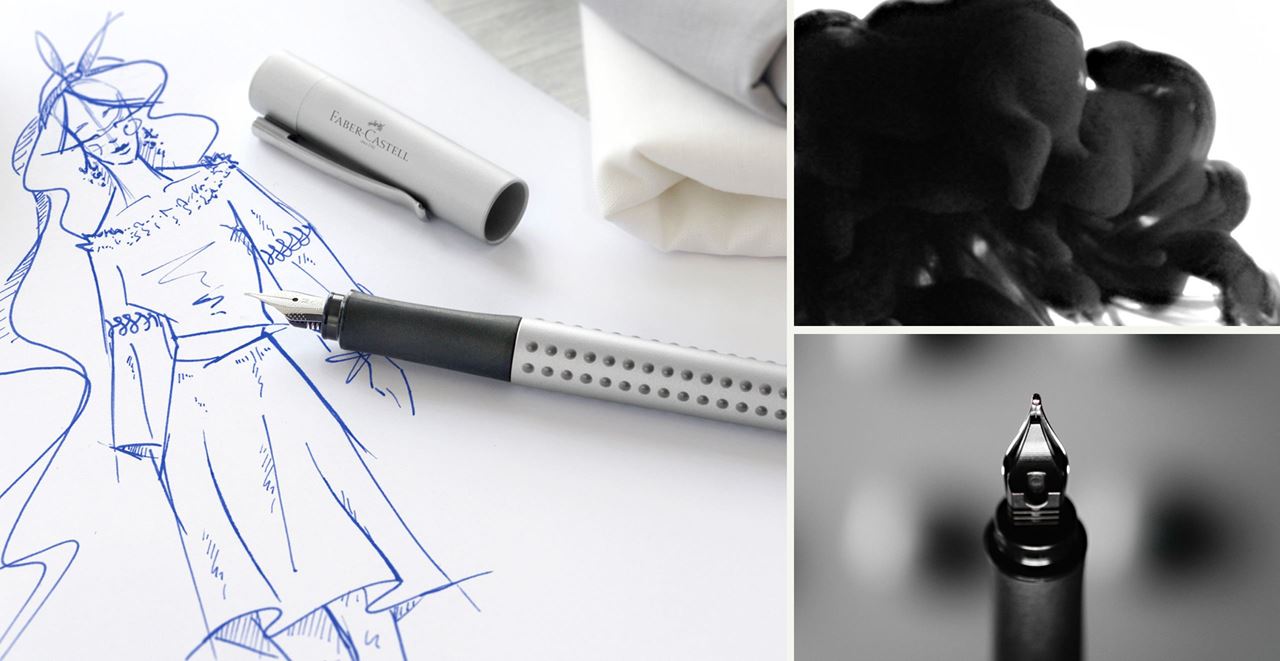 Grey grip fountain pen lying on a piece of paper next to a fashion drawing.