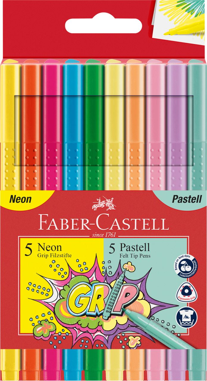 Faber-Castell - Grip Filzstift Neon + Pastell, 10er Kartonetui
