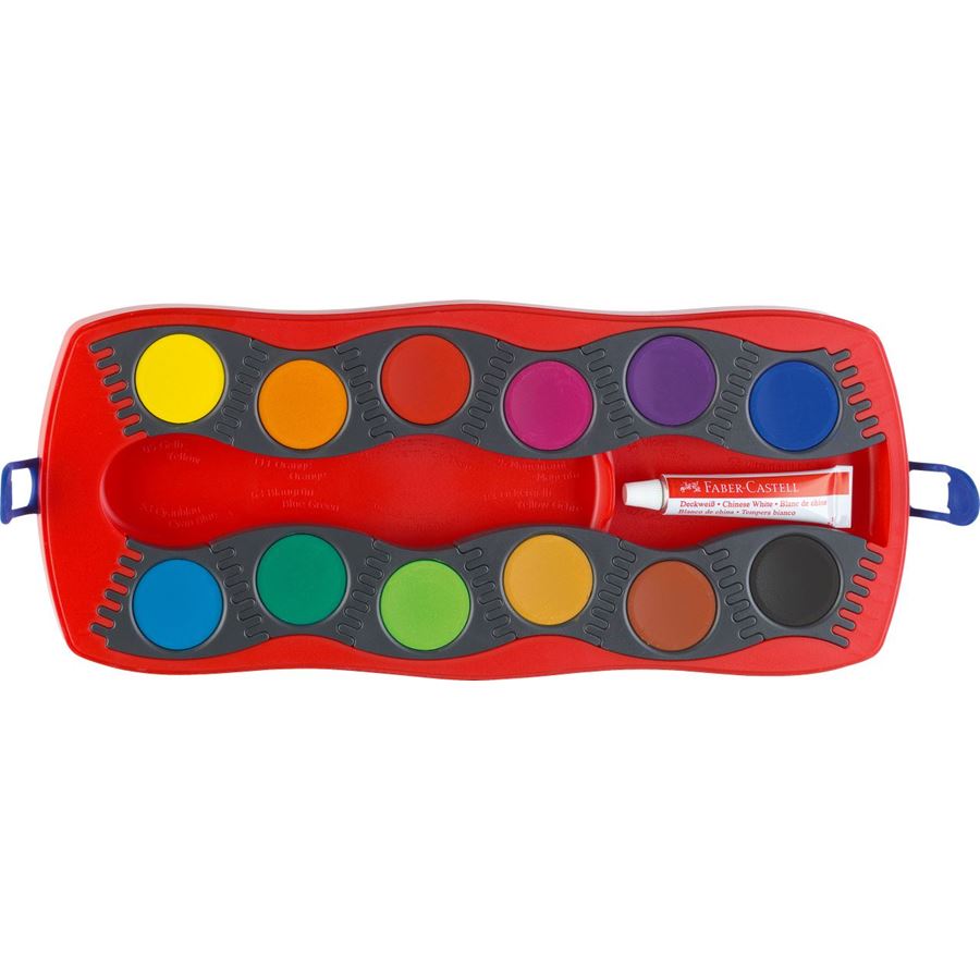 Faber-Castell - Connector Deckfarbkasten, rot, 12 Farben inkl. Deckweiß