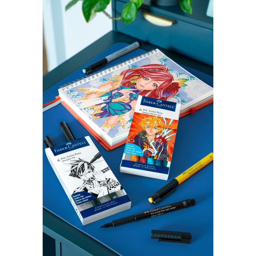 Faber-Castell - Pitt Artist Pen Brush Tuschestift, 6er Etui, Manga Shônen