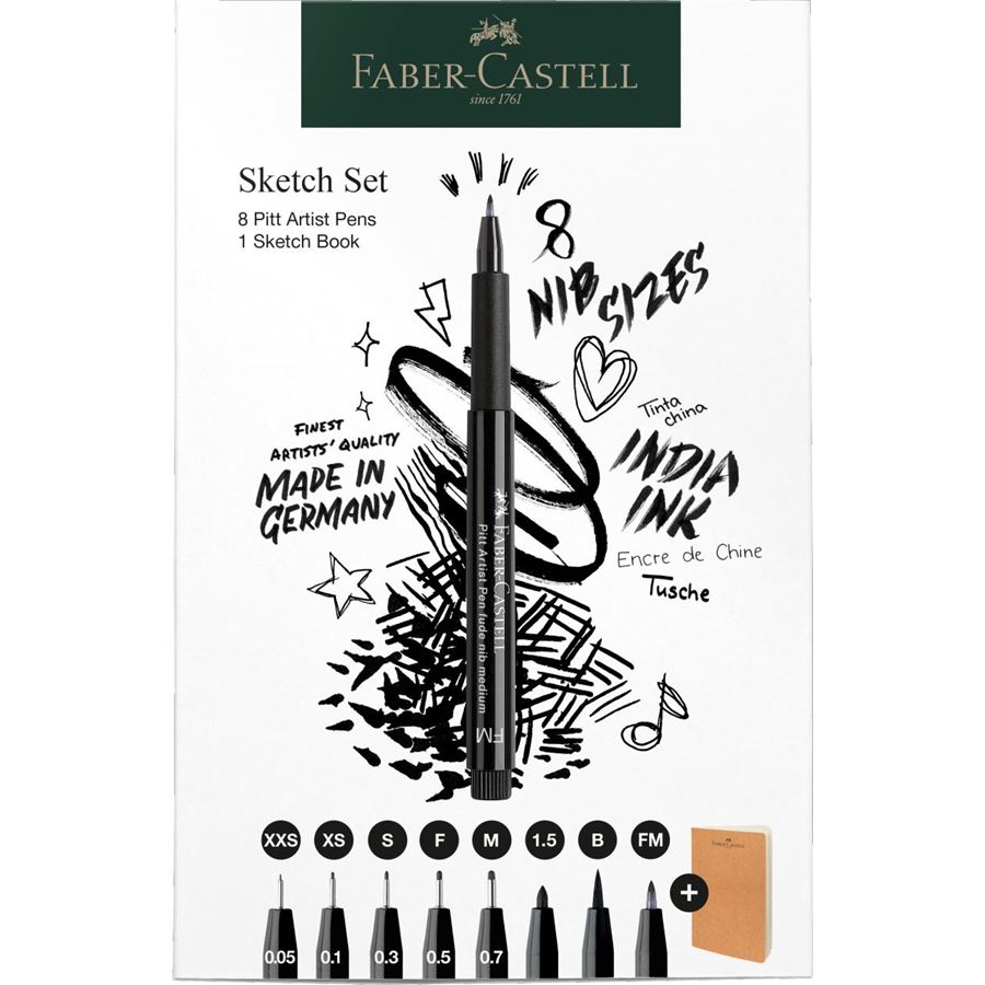 Faber-Castell - Pitt Artist Pen Tuschestifte und Skizzenheft, 9-teiliges Set